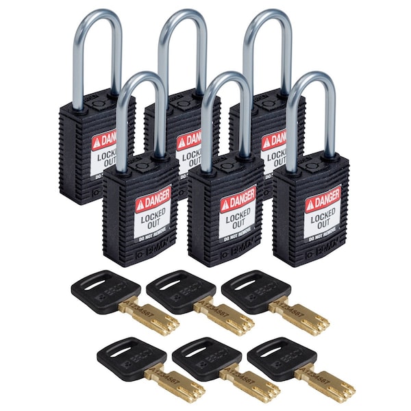 Padlock, Keyed Different, Nylon, Black, 6 PK
